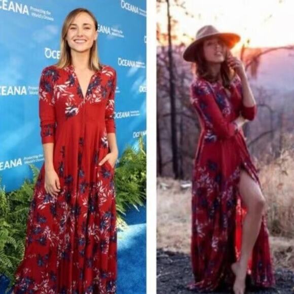 Free People After The Storm Brick Red Floral Print Boho Maxi Shirt Dress Size 0 - Picture 3 of 11